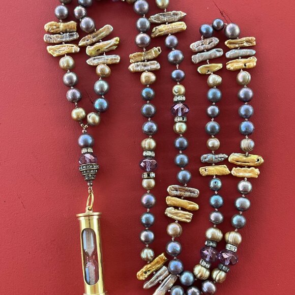 Hand Knotted Mixed Pearl Necklace with Hourglass Pendant, Long, Boho - Picture 2 of 5